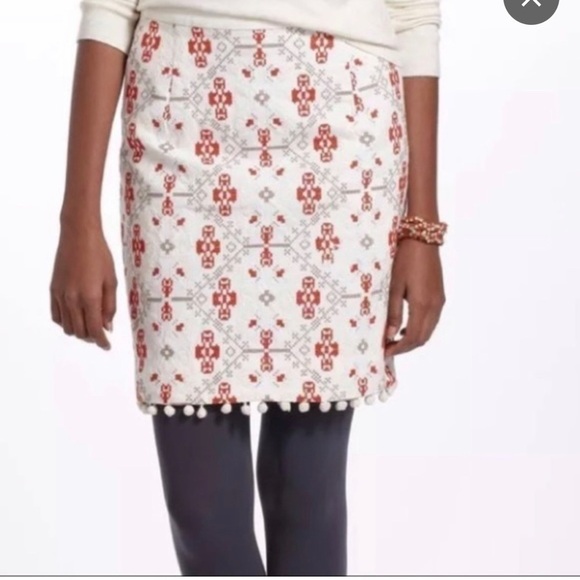 Anthropologie Maeve Blomma Embroidered Cross stitch Pom Pom skirt size… - Picture 4 of 14